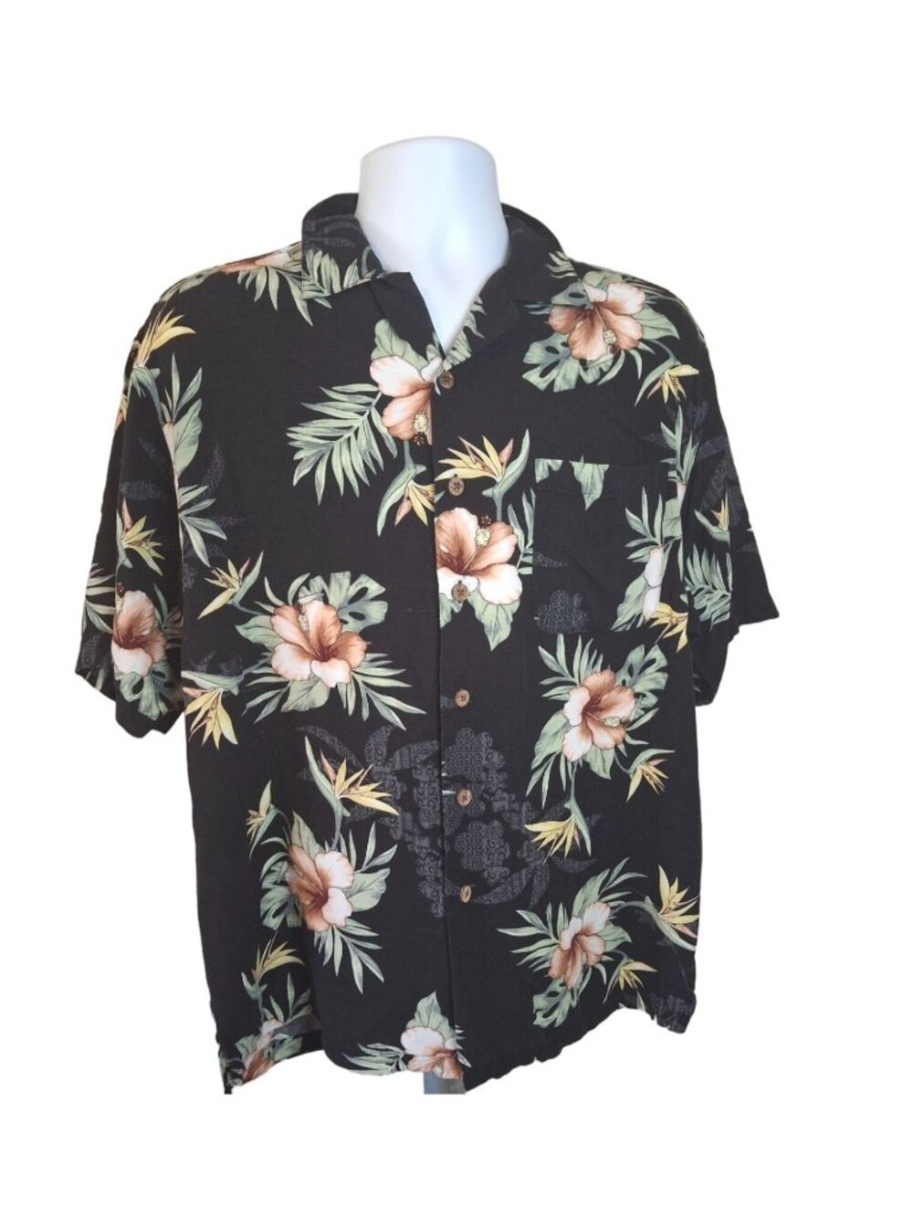 Original Island Sport Hawaiian Shirt M Black Floral Rayon Camp Aloha Resort